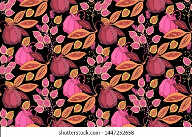 Art floral vector seamless pattern. Fabulous flowers, fruits and leaves isolated on terracotta background. For fabric, home and kitchen textile, wallpaper design, wrapping paper, template, backdrop.