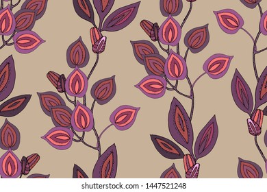 Art floral vector seamless pattern. Delicate branches with pink, purple, terracotta leaves. For fabric, home and kitchen textile, wallpaper design, wrapping paper, template, backdrop.