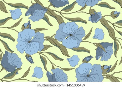 Art floral vector seamless pattern. Blue flowers with branches, leaves and petals isolated on pale yellow background. For home textiles, fabric, wallpaper, kitchen decor, packaging paper, accessories.