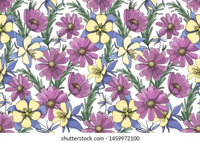 Art floral vector seamless pattern. Purple, yellow, blue vector garden flowers Isolated on white background. For fabric, home and kitchen textile, wallpaper design, gifts, decor, accessories.