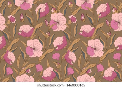 Art floral vector seamless pattern. Pink flowers with branches, leaves and petals isolated on dark ochre background. For home textiles, fabric, wallpaper, kitchen decor, packaging paper, accessories.