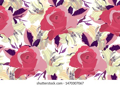 Art floral vector seamless pattern with lily and rose. Garden flowers isolated on white background. For fabric, home, kitchen textile, wallpaper design, gifts, decor, accessories.