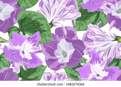 Art floral vector seamless pattern with moning-glory. Violet convolvulus with green leaves isolated on white background. Flowers endless pattern for fabric, home, kitchen textile, wallpaper design.