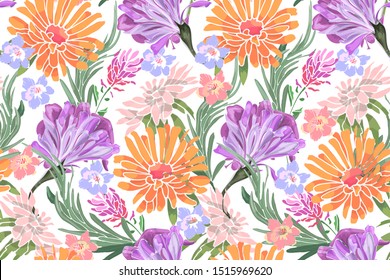 Art floral vector seamless pattern. Morning glory, ipomoea, lavender, asters, rosemary, chrysanthemums, golden daisy. Purple, pink, violet, orange, blue, red flowers isolated on white background.