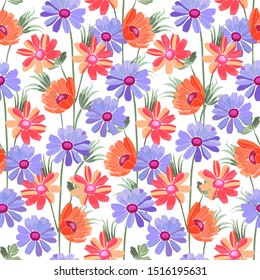 Art floral vector seamless pattern. Blue and red flowers isolated on white background. Naive art.