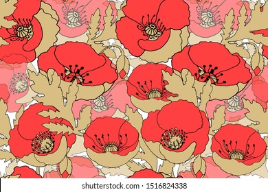 Art floral vector seamless pattern with red poppy flower. Red papavers with beige stems, leaves, seeds isolated on a white background. Transparent overlays.