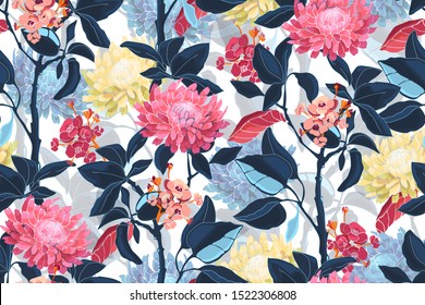 Motif harmonieux vectoriel floral. Rose, jaune, fleurs bleues isolées sur fond blanc. Feuilles bleues profondes, feuilles transparentes bleu clair recouvrent les feuilles. Pour le tissu, la maison et la cuisine, le papier.