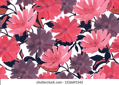 Art floral vector seamless pattern. Pink and purple flowers wirh branches, leaves isolated on white background. For fabric, home and kitchen textile, wallpaper design, wrapping paper, accessories.