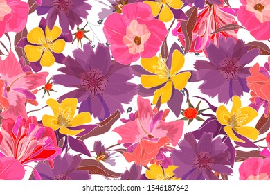Art floral vector seamless pattern with chicory, aquilegia, columbine, morning-glory. Colorful garden flowers isolated on white background.