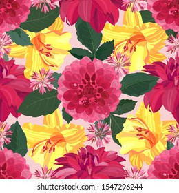 Art floral vector seamless pattern with red dahlias and yellow lilies. Garden flowers with green leaves isolated on white background.