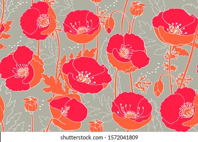 Art floral vector seamless pattern. Red poppies with orange leaves isolated on grey background. For fabric, home and kitchen textile, wallpaper design.