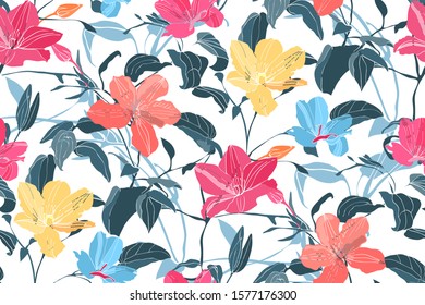 Art floral vector seamless pattern. Yellow, pink, orange, blue flowers isolated on white background. Deep blue leaves, light blue transparent overlays leaves. For fabric, home and kitchen textile.