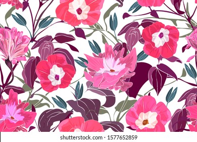 Art floral vector seamless pattern. Pink morning glory flowers, branches and leaves. Vector garden flowers isolated on white background. Endless pattern for wallpaper, fabric, textiles, accessories.