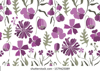 Patrón fluido del vector floral del arte. Flores púrpuras, hojas verdes aisladas en fondo blanco. Arte naïve, estilo escandinavo primitivo. Diseño sin fin para papel pintado, tela, textiles, accesorios.
