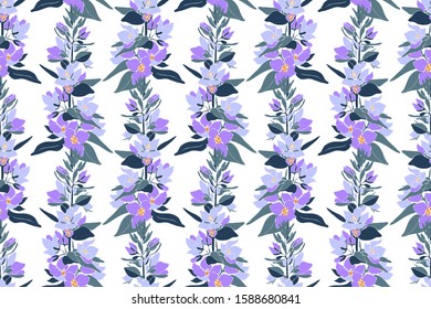 Art floral vector seamless pattern. Delicate spring blue and violet flowers, blue twigs and leaves isolated on a white background. Endless pattern for wallpaper, fabric, textiles, accessories.
