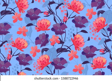 Art floral vector seamless pattern. Delicate spring pink and purple flowers, blue twigs and leaves isolated on light blue background. Endless pattern for wallpaper, fabric, textiles, accessories.