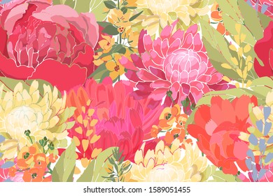 Art floral vector seamless pattern. Colorful Garden flowers with green leaves. Peonies, asters, chrysanthemums, calendula, loosestrife ( Lysimachia). Vector elements isolated on white background.