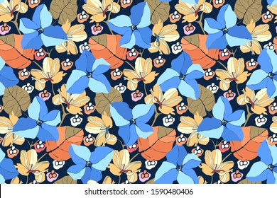 Art floral vector seamless pattern. Delicate blue and beige flowers, twigs and leaves isolated on a dark blue background. Endless pattern for wallpaper, fabric, textiles, accessories.