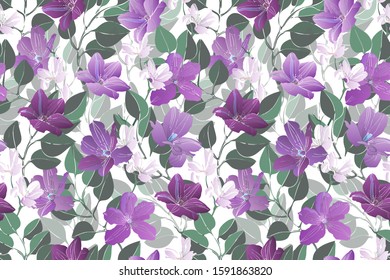 Art floral vector seamless pattern. Vector purple garden flowers with branches and green leaves isolated on white background. Endless pattern for wallpaper, fabric, home textiles, accessories.
