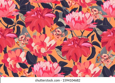 Art floral vector seamless pattern. Red asters, dahlias, chrysanthemums, deep green branches, leaves isolated on orange background. Endless pattern with flowers for wallpaper design, fabric, textile.