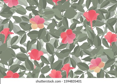 Art floral vector seamless pattern. Green leaves. Pink, yellow Flower Marvel of Peru, False Jalap, Mirabilis jalapa, don Diego de noche. Endless pattern with flowers for wallpaper, fabric, textile.