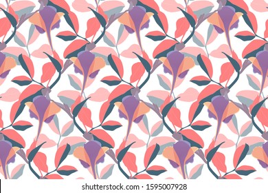 Art floral vector seamless pattern. Coral color leaves. Pink, purple Flower Marvel of Peru, Mirabilis jalapa, don Diego de noche on white. Endless pattern with flowers for wallpaper, fabric, textile.