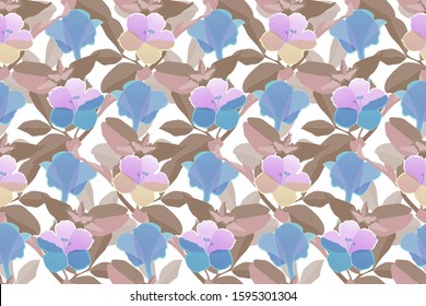 Art floral vector seamless pattern. Brown leaves. Pink, blue Flower Marvel of Peru, False Jalap, Mirabilis jalapa, don Diego de noche. Endless pattern with flowers for wallpaper, fabric, textile.