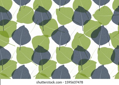 Art floral vector seamless pattern. Navy blue, light green transparent overlay leaves isolated on white background. Endless pattern with leaves for wallpaper, fabric, home and kitchen textile.