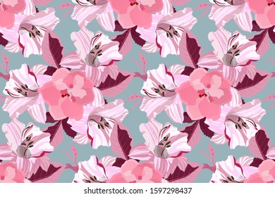 Art floral vector seamless pattern. Pink lilies and violets isolated on grey-blue background. Endless pattern with flowers for wallpaper, fabric, home and kitchen textile.