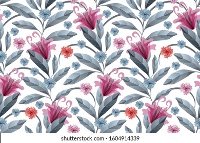 Art floral vector seamless pattern. Maroon, blue and orange translucent flowers, blue branches and leaves isolated on a white background. Watercolor style. For wallpaper, fabric, home textile.