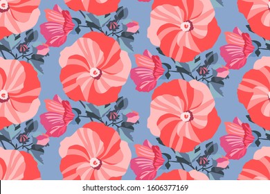 Art floral vector seamless pattern. Garden mallow red, pink, flowers with navy blue branches and leaves isolated on blue background. For wallpaper design, fabric, textile, paper.