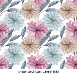 Art floral vector seamless pattern. Light maroon, blue and beige translucent flowers, blue leaves isolated on a white background. Watercolor style. For wallpaper design, fabric, home textile.