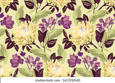 Art floral vector seamless pattern. Pale yellow asters, purple mallow, brown branches, light green leaves. Garden flowers isolated on pistachio color background.