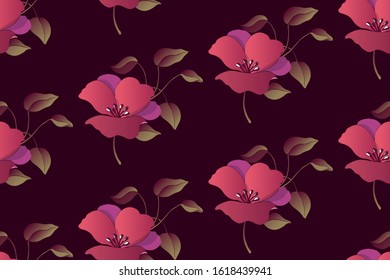 Art floral vector seamless pattern. Evening flowers with foliage isolated on deep brown background. Endless pattern with flowers for wallpaper, fabric, home and kitchen textile, digital paper.