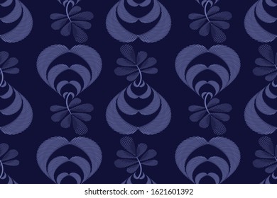 Art floral vector seamless pattern. Blue fluted leaves on twigs isolated on a dark blue background. Jacquard style. Flowers in vases for wallpaper design, fabric, textile, digital paper.