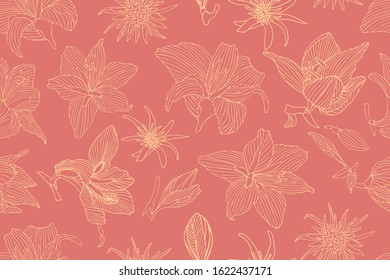 Art floral vector seamless pattern. Light hippeastrum and tragopogon flowers isolated on pink background.