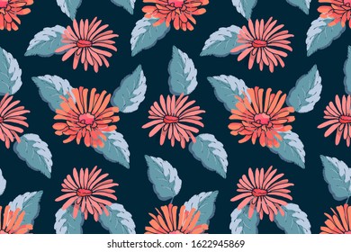 Art floral vector seamless pattern. Red asters with blue leaves isolated on deep blue background. Delicate endless pattern for wallpaper, fabric, textile, digital paper.