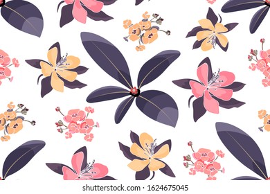 Art floral vector seamless pattern. Yellow and pink aquilegia, columbine flowers, hydrangea with purple leaves. Vector floral elements isolated on white background. Delicate endless pattern.