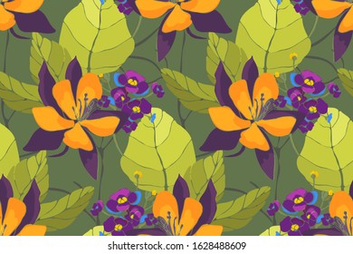 Art floral vector seamless pattern. Yellow aquilegia, columbine flowers, purple and blue hydrangea with light green leaves. Vector floral elements isolated on forest green background. Tile pattern.