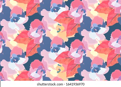 Art floral vector seamless pattern. Pastel garden flowers with leaves isolated on blue background. Pink, yellow, blue viola. Tile pattern for wallpaper design, fabric, textile, digital paper.