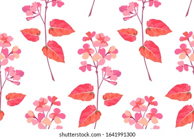 Art floral vector seamless pattern. Delicate pink flowers, red watercolor leaves isolated on white background. Endless pattern with gillyflower for wallpaper, fabric, textile, tile, digital paper.