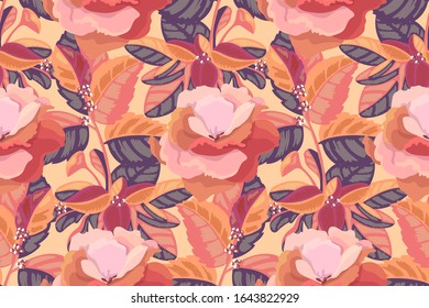 Vektorillustration mit Blumenmustern nahtlos. Beige, rosafarbene Maronviola-Blumen und Blätter einzeln auf hellgelbem Hintergrund. Fliesenmuster für Tapeten, Gewebe, Textilien, Papier.