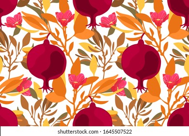 Art floral vector seamless pattern. Maroon fruit pomegranates with pink flowers, orange branches and leaves isolated on white background.  svg