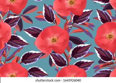 Art floral vector seamless pattern. Red poppies with colorful leaves isolated on blue background. Tile pattern for wallpaper, fabric, textile, paper.