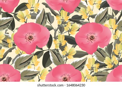 Art floral vector seamless pattern. Pink poppies, yellow flowers, green wriggling flowering bean stalks isolated on white background. Tile pattern for wallpaper design, fabric, textile, paper.