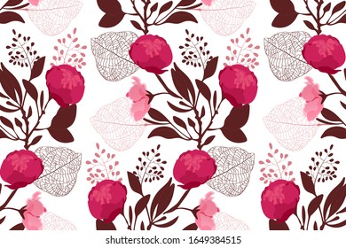 Art floral vector seamless pattern. Pink peony flowers, buds, brown branches, leaves, twigs isolated on white background. Tile pattern for wallpaper, fabric, interior textile, card, template.