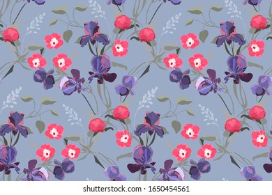 Art floral vector seamless pattern. Pink ipomoea, peony, purple iris flowers, pale green branches, leaves isolated on grey-blue background. Tile pattern for fabric, interior textile, card.