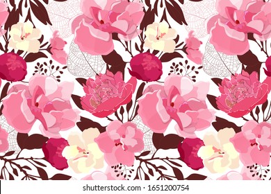 Art floral vector seamless pattern. Pink, pale yellow, maroon flowers, brown, pink transparent leaves isolated on white background. Tile pattern for wallpaper, fabric, interior textile, card.