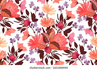 Art floral vector seamless pattern. Red, pink, purple, orange, maroon flowers, brown, orange leaves isolated on white background. Tile pattern for wallpaper, fabric, interior textile, card, template.