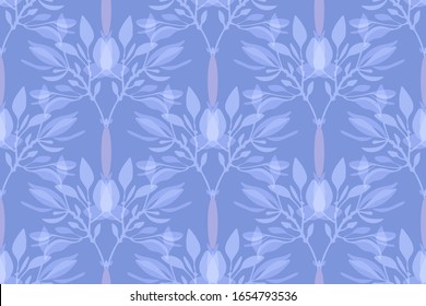 Art floral vector seamless pattern. Overlay blue branches, twigs, leaves isolated on blue background. Endless pattern for wallpaper design, fabric, accessories, interior textile, website.